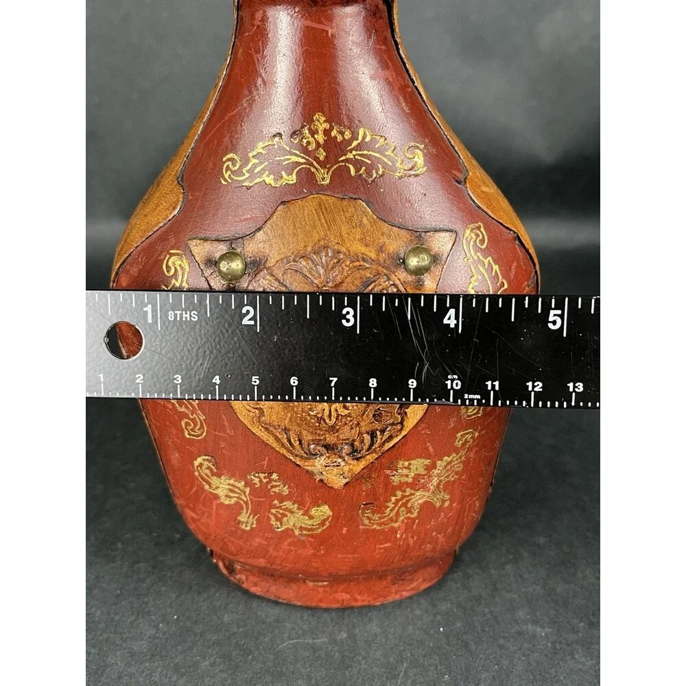 VTG Italian Leather Wrapped Decanter Bottle Fleur-de-lis Shield Crest MCM 13”
